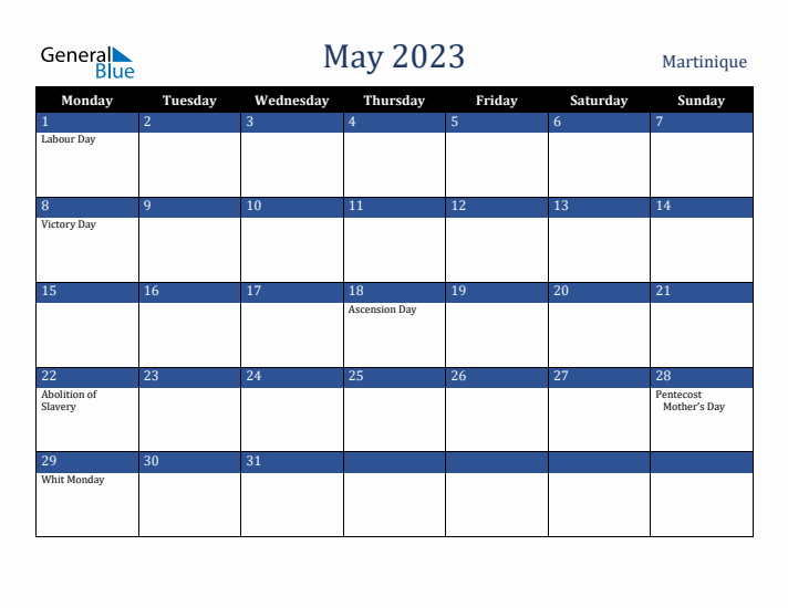 May 2023 Martinique Calendar (Monday Start)