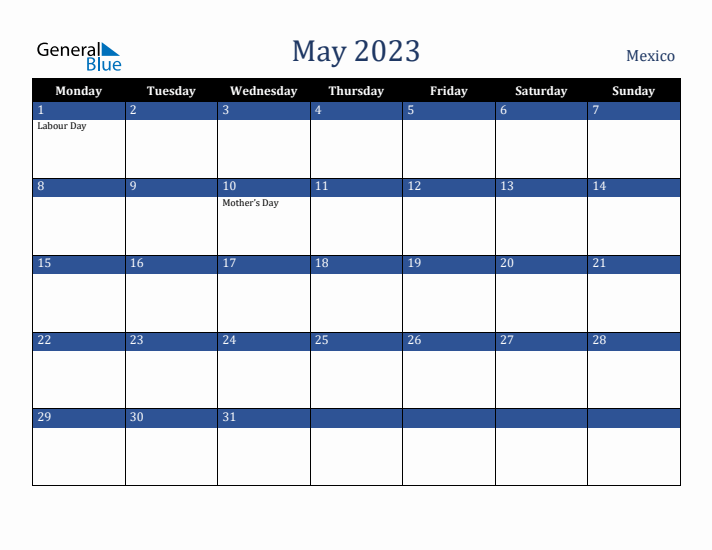 May 2023 Mexico Calendar (Monday Start)