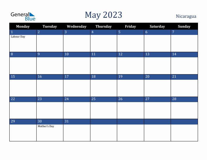 May 2023 Nicaragua Calendar (Monday Start)