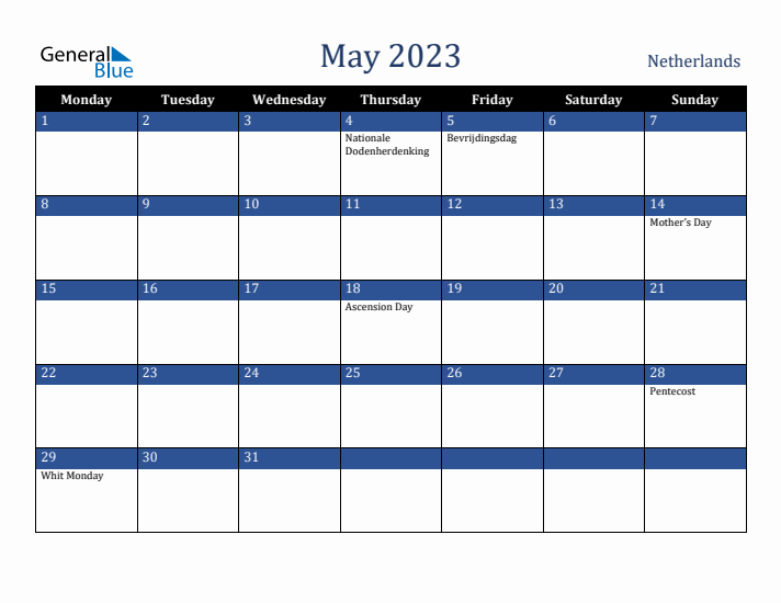 May 2023 The Netherlands Calendar (Monday Start)