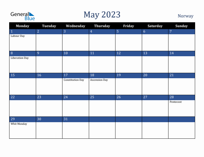 May 2023 Norway Calendar (Monday Start)