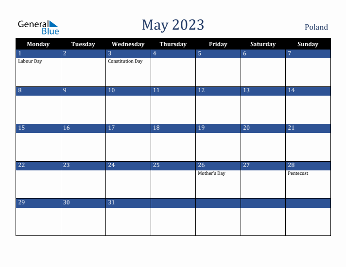 May 2023 Poland Calendar (Monday Start)