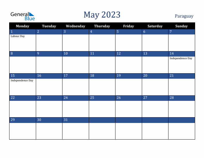 May 2023 Paraguay Calendar (Monday Start)