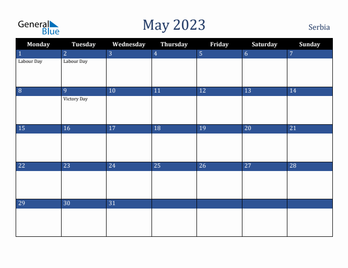 May 2023 Serbia Calendar (Monday Start)