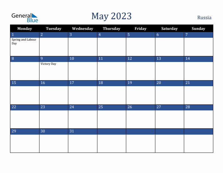 May 2023 Russia Calendar (Monday Start)