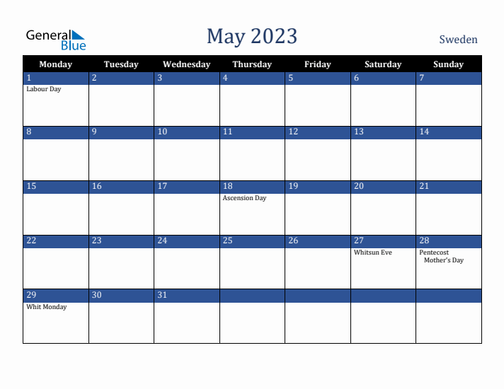 May 2023 Sweden Calendar (Monday Start)