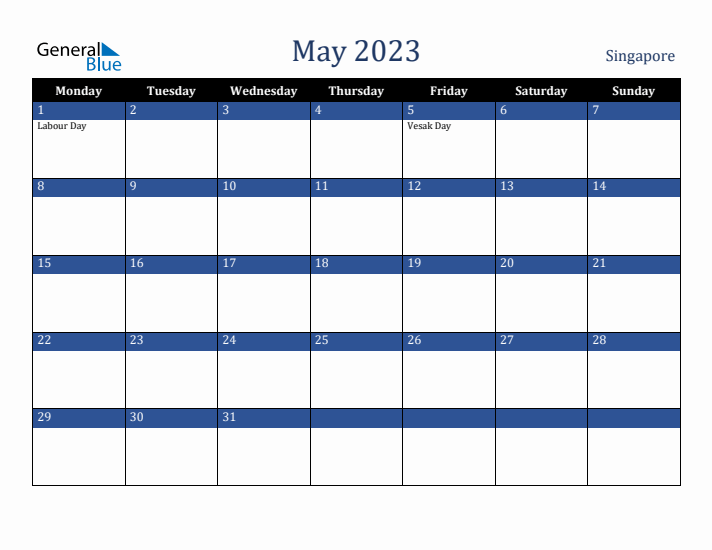 May 2023 Singapore Calendar (Monday Start)