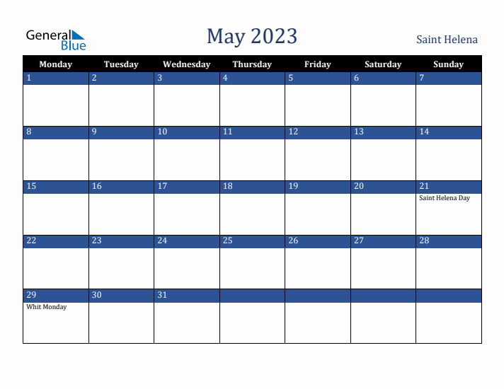 May 2023 Saint Helena Calendar (Monday Start)