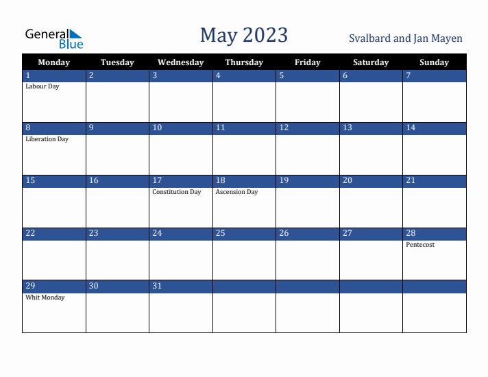 May 2023 Svalbard and Jan Mayen Calendar (Monday Start)