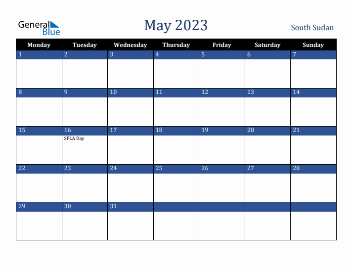 May 2023 South Sudan Calendar (Monday Start)