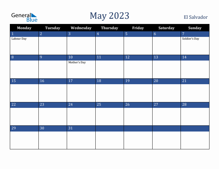 May 2023 El Salvador Calendar (Monday Start)