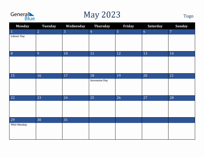 May 2023 Togo Calendar (Monday Start)