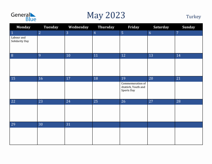 May 2023 Turkey Calendar (Monday Start)