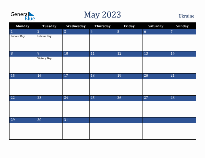 May 2023 Ukraine Calendar (Monday Start)
