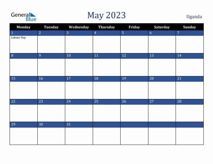 May 2023 Uganda Calendar (Monday Start)