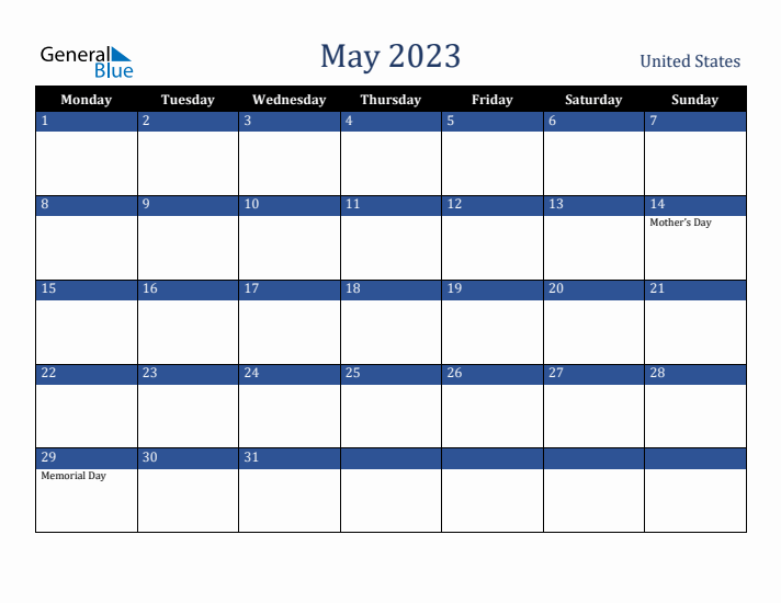 May 2023 United States Calendar (Monday Start)