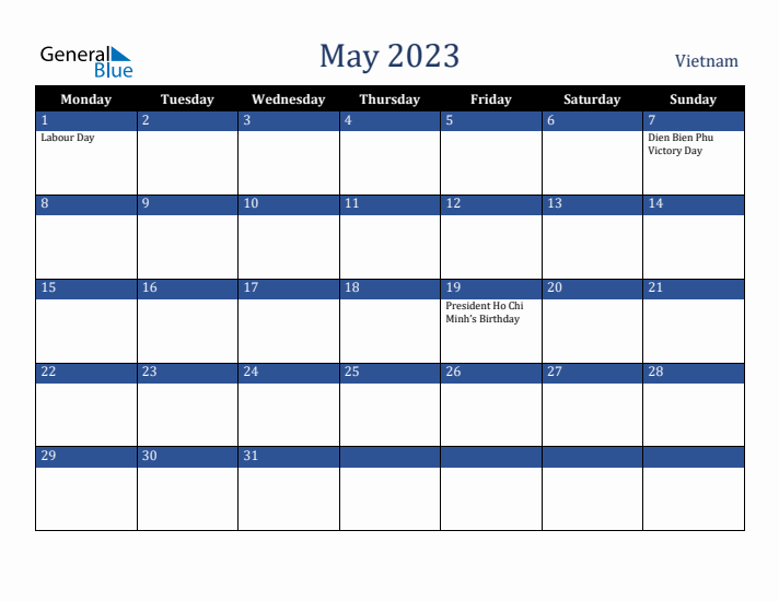 May 2023 Vietnam Calendar (Monday Start)