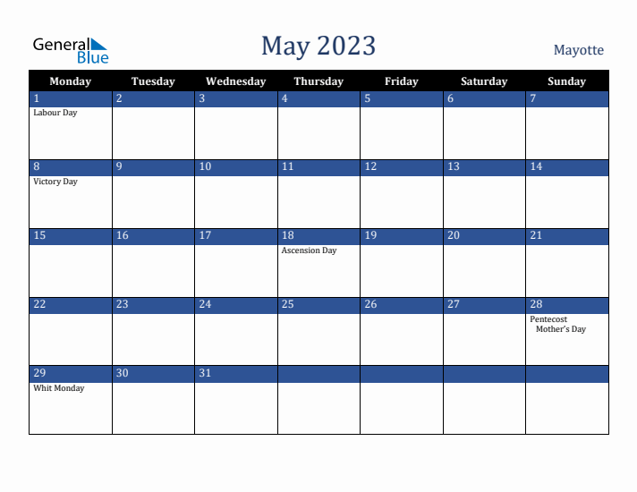 May 2023 Mayotte Calendar (Monday Start)