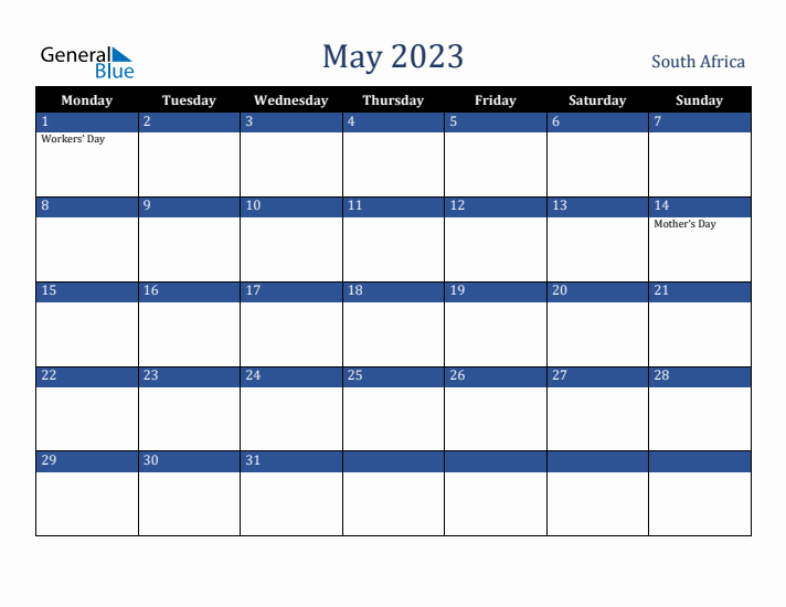 May 2023 South Africa Calendar (Monday Start)