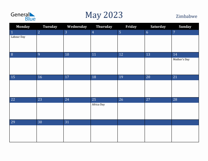 May 2023 Zimbabwe Calendar (Monday Start)