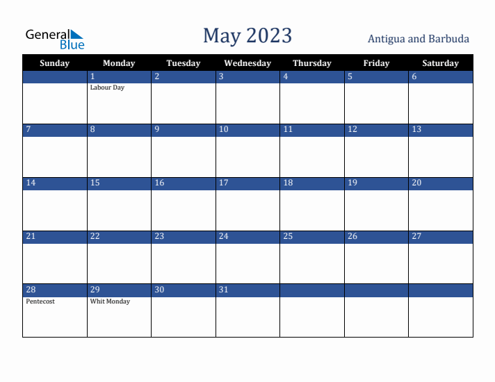 May 2023 Antigua and Barbuda Calendar (Sunday Start)