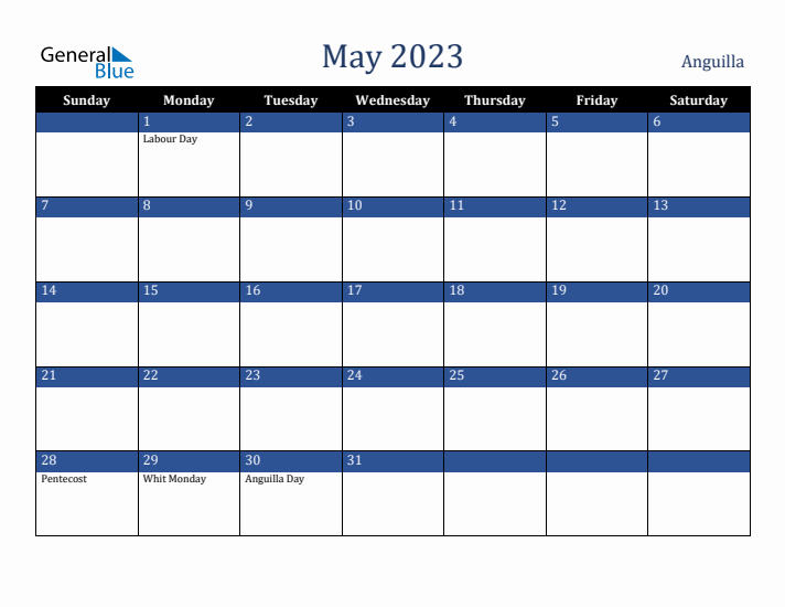 May 2023 Anguilla Calendar (Sunday Start)