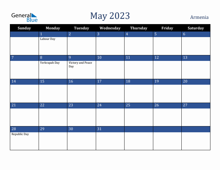 May 2023 Armenia Calendar (Sunday Start)