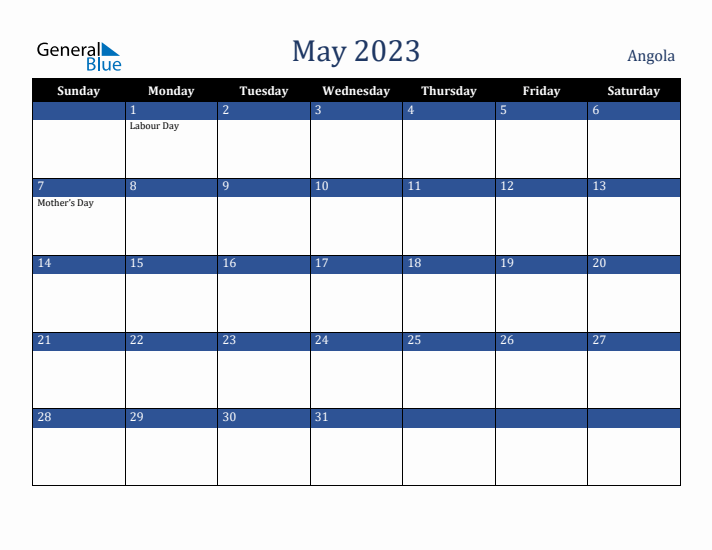 May 2023 Angola Calendar (Sunday Start)