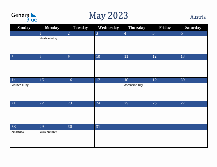 May 2023 Austria Calendar (Sunday Start)