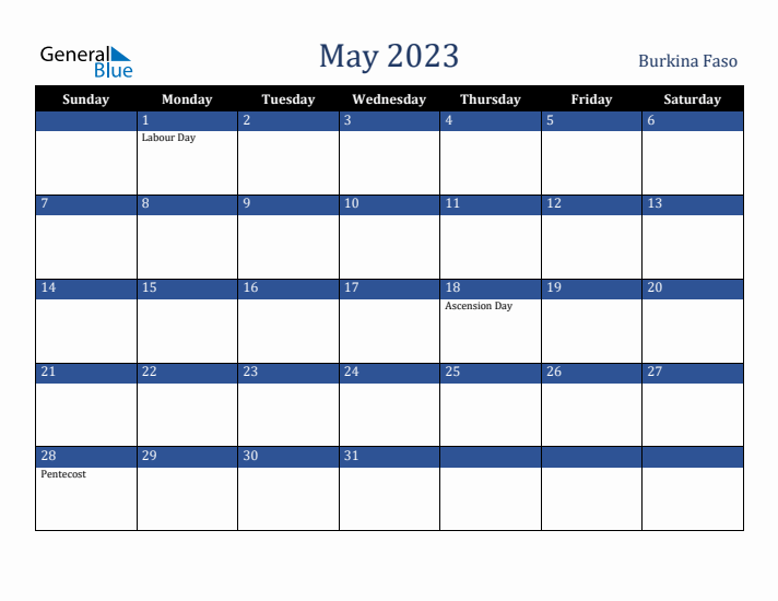 May 2023 Burkina Faso Calendar (Sunday Start)