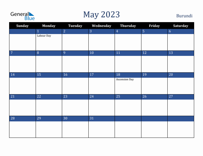 May 2023 Burundi Calendar (Sunday Start)