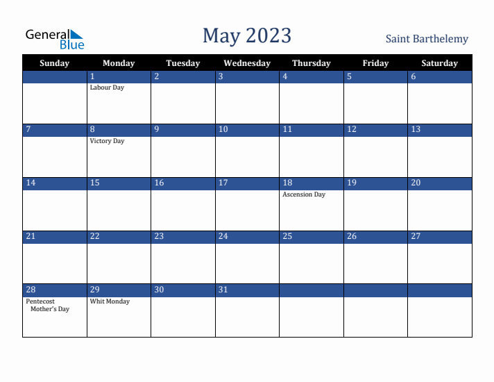 May 2023 Saint Barthelemy Calendar (Sunday Start)