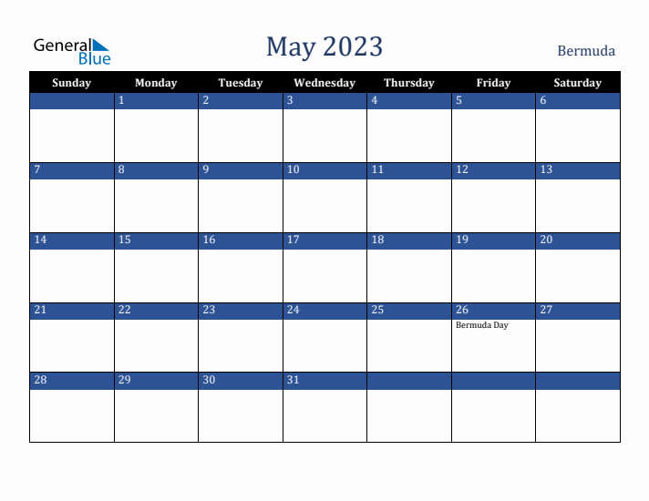 May 2023 Bermuda Calendar (Sunday Start)