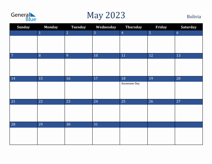 May 2023 Bolivia Calendar (Sunday Start)