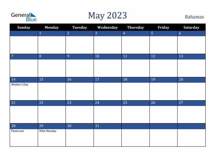 May 2023 Bahamas Calendar (Sunday Start)