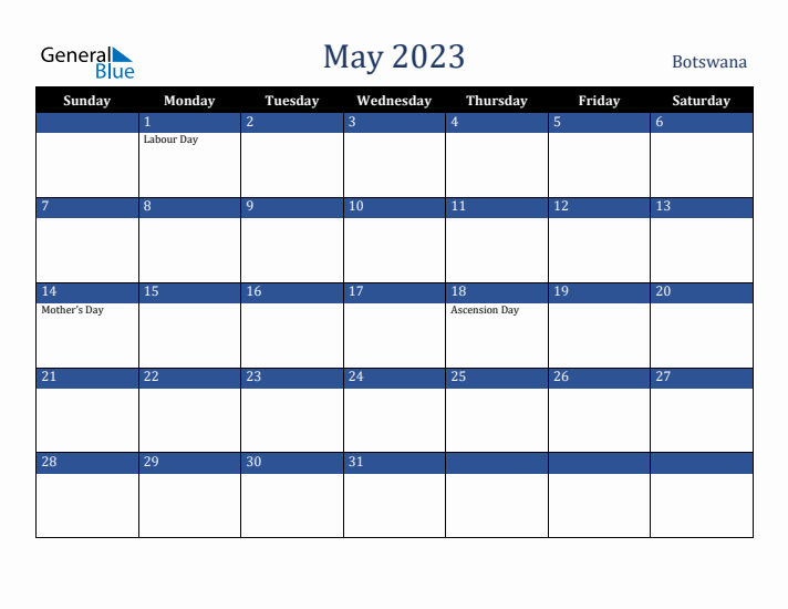 May 2023 Botswana Calendar (Sunday Start)