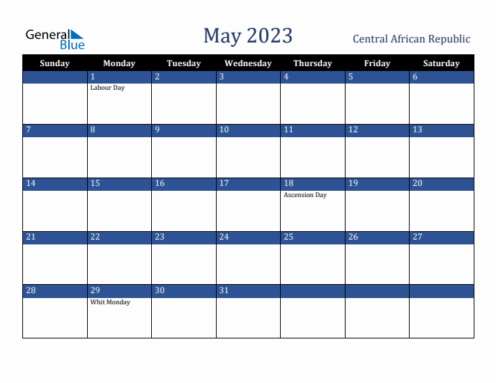 May 2023 Central African Republic Calendar (Sunday Start)