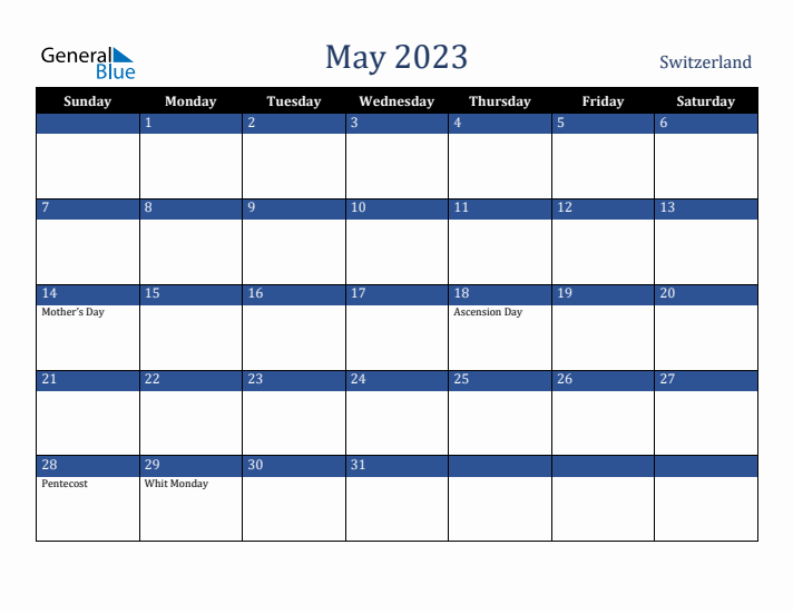 May 2023 Switzerland Calendar (Sunday Start)