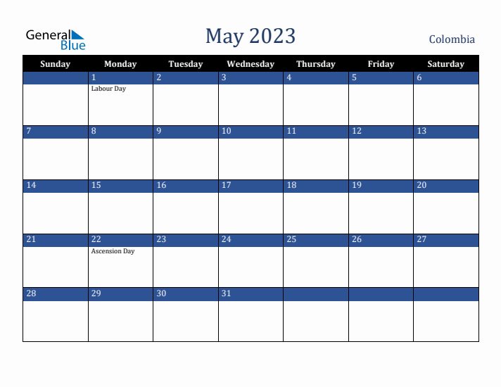 May 2023 Colombia Calendar (Sunday Start)