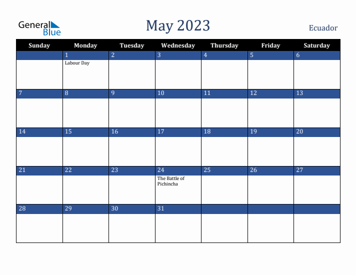 May 2023 Ecuador Calendar (Sunday Start)