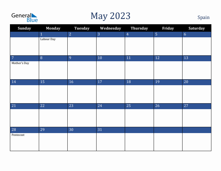 May 2023 Spain Calendar (Sunday Start)