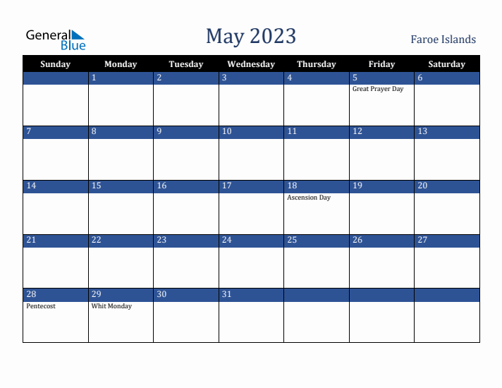 May 2023 Faroe Islands Calendar (Sunday Start)