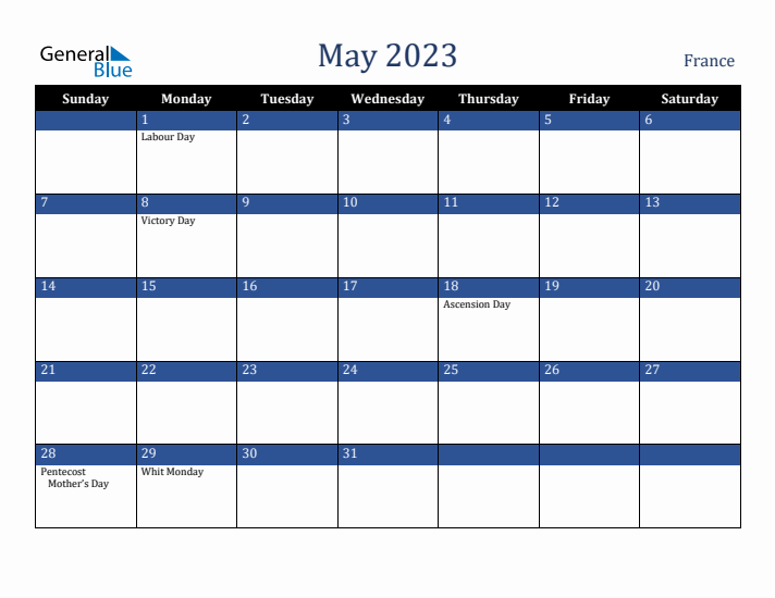 May 2023 France Calendar (Sunday Start)