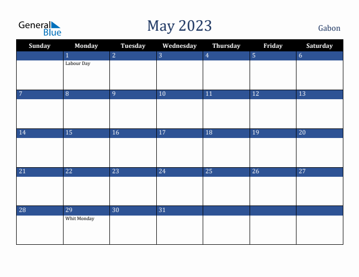 May 2023 Gabon Calendar (Sunday Start)