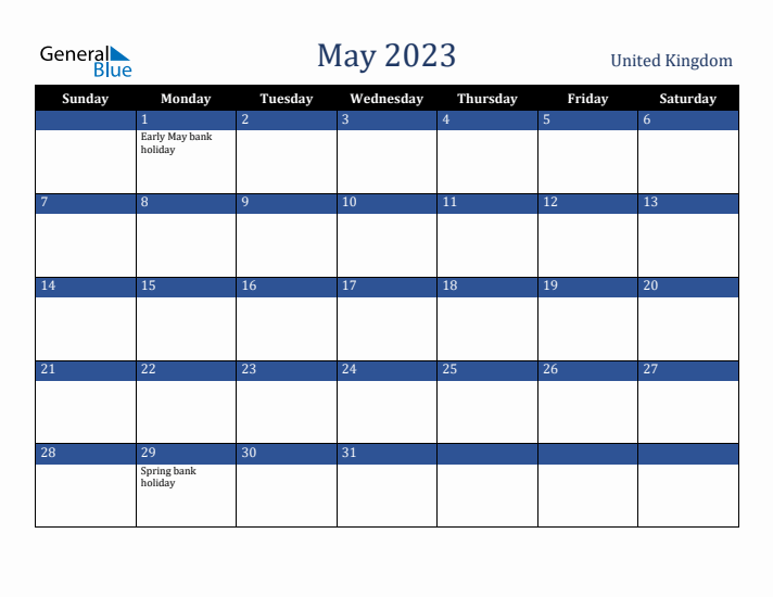 May 2023 United Kingdom Calendar (Sunday Start)