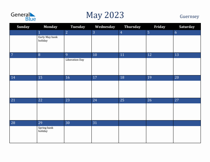 May 2023 Guernsey Calendar (Sunday Start)