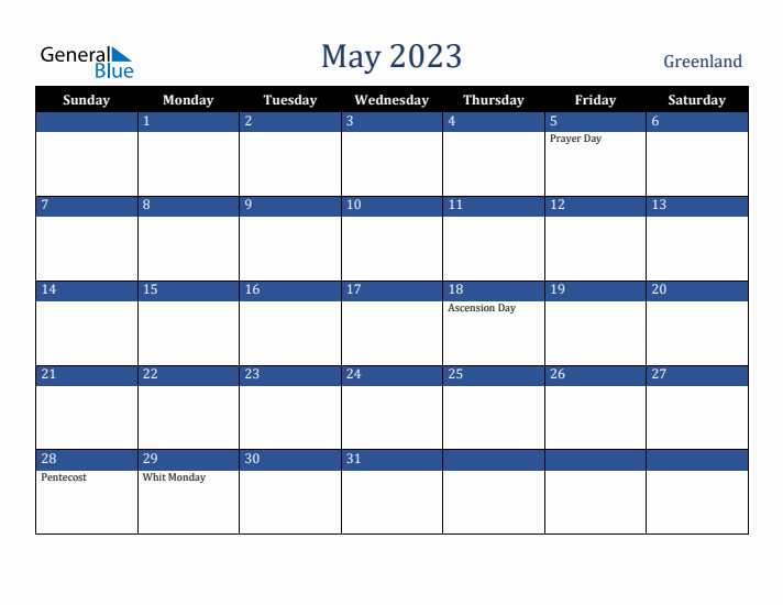 May 2023 Greenland Calendar (Sunday Start)