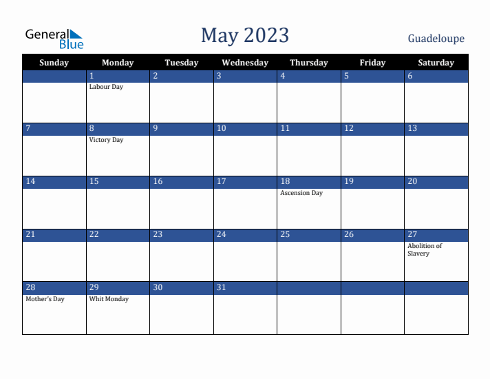 May 2023 Guadeloupe Calendar (Sunday Start)