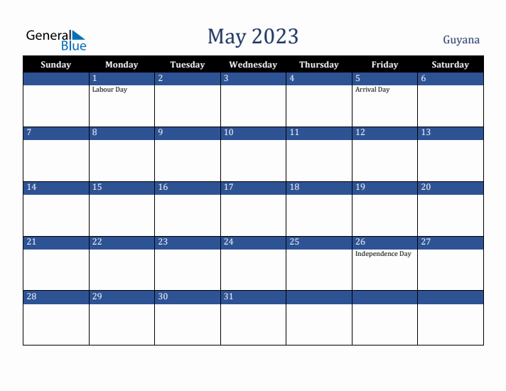 May 2023 Guyana Calendar (Sunday Start)