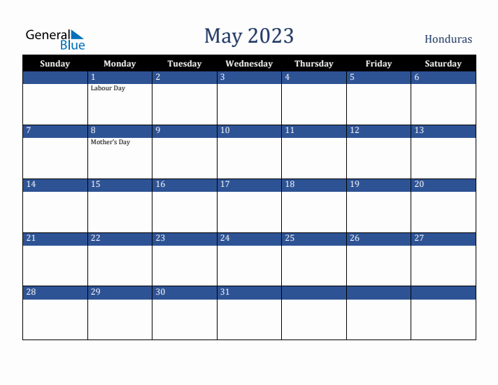 May 2023 Honduras Calendar (Sunday Start)